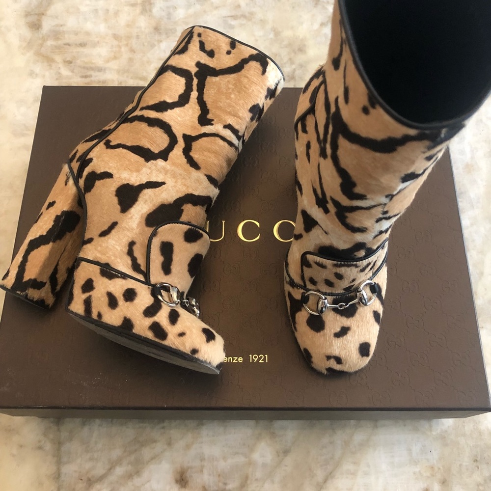 Gucci Horsebit Leopard Print Boots, size 36